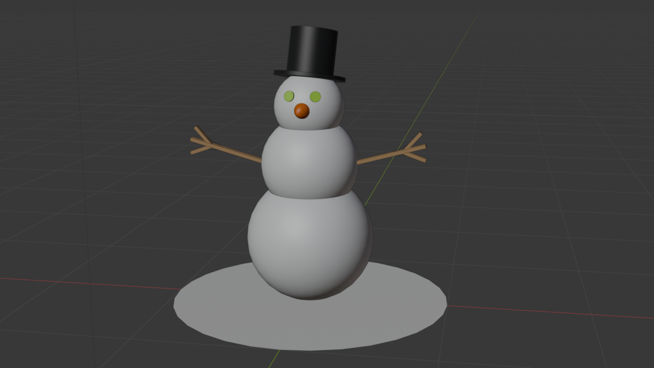 A 3D-rendered snowman in Blender with three white spherical body parts, two stick arms, green circular eyes, an orange nose, and a black top hat. The snowman stands on a flat circular surface that resembles snow, and the background consists of a gray Blender workspace grid.